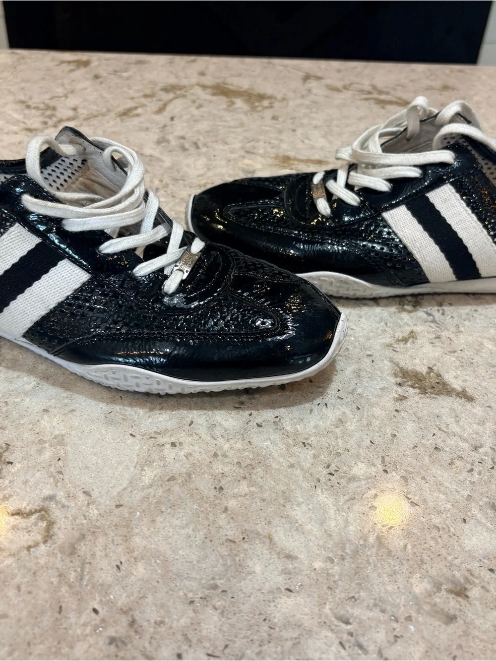 Michael Kors Black Patent Sneakers with White Stripes and Laces